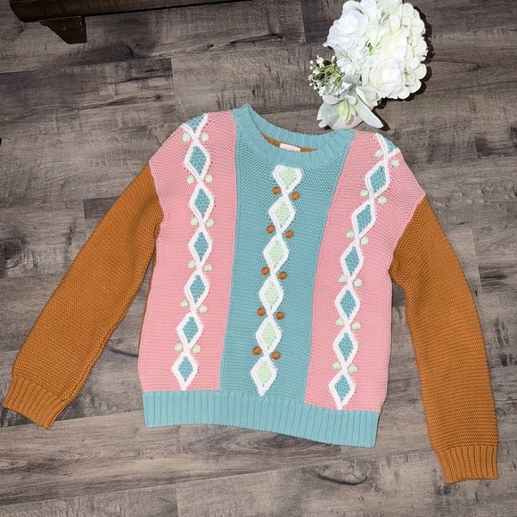gorman Sweaters - Gorman Pink and Blue Knit Sweater with Geometric Pattern